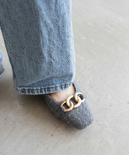 【OHGA】ツイードビジューパンプス　グレー　22.5 新品・未使用 メヌエ Menue ビジューフラットパンプス （4013グレーツイードCL） -靴